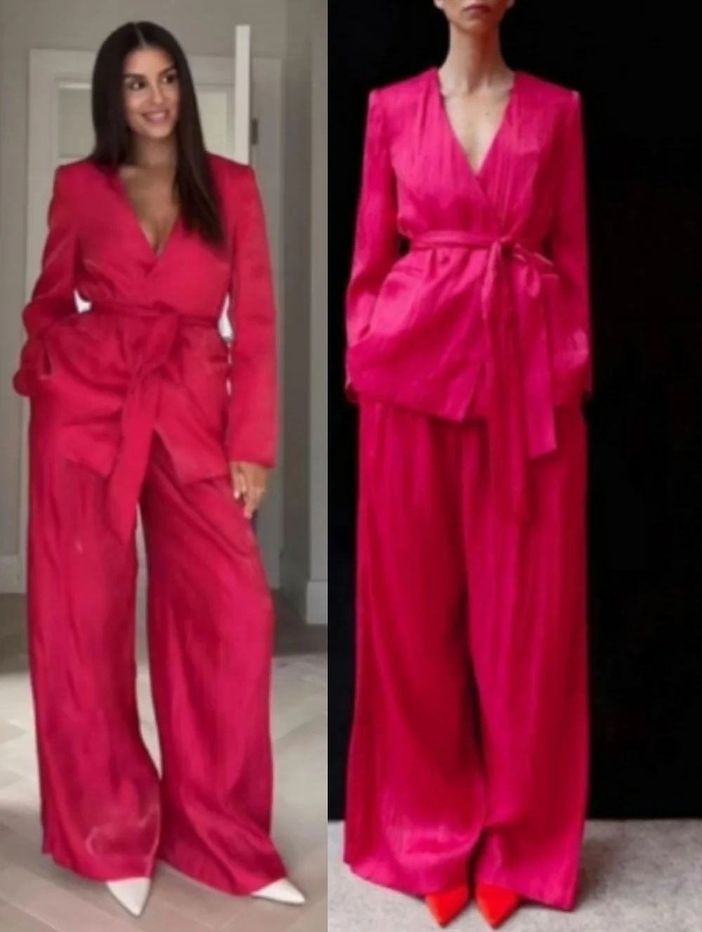Zara Set 2 pc Wide Leg Satin Pants and Belted Blazer Pink  Size  S and M